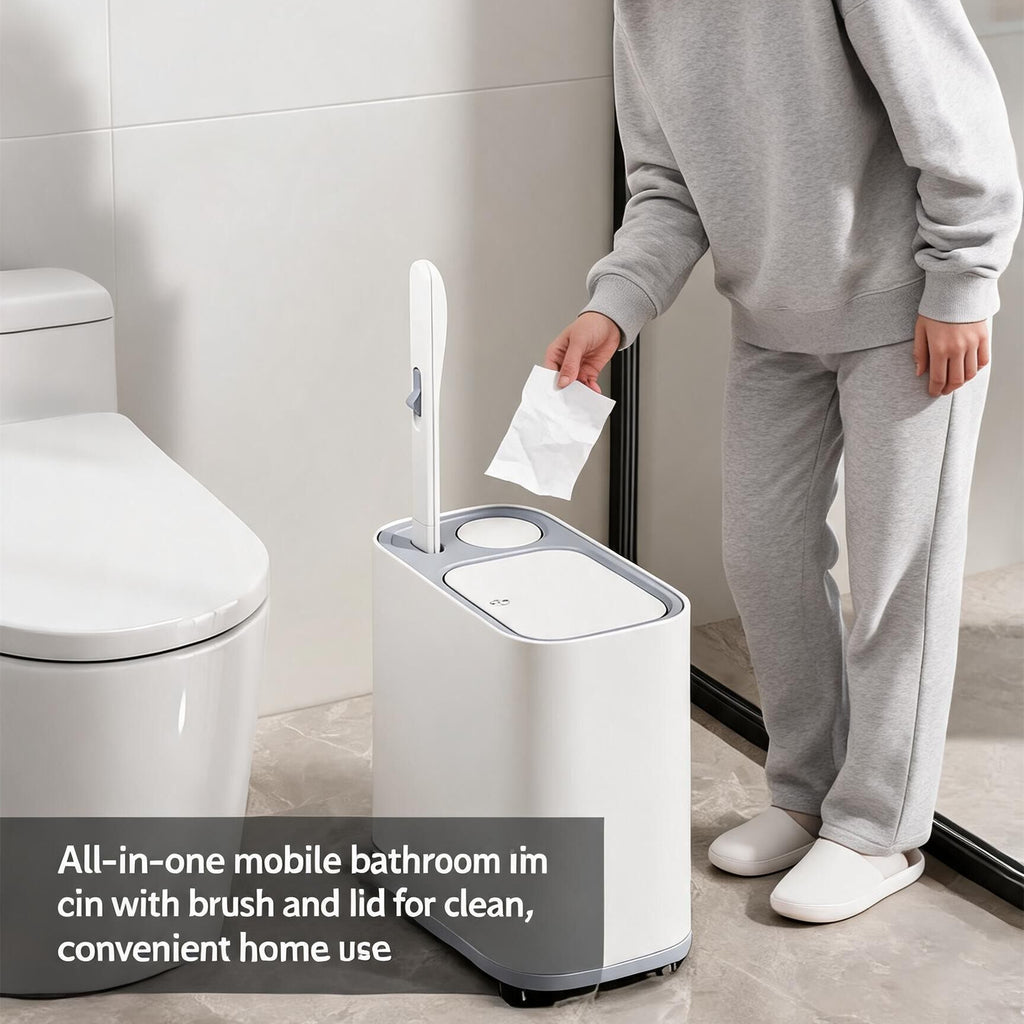 Slim 2-in-1 Bathroom Trash Can – Integrated Toilet Brush, 5L Space-Saving Bin
