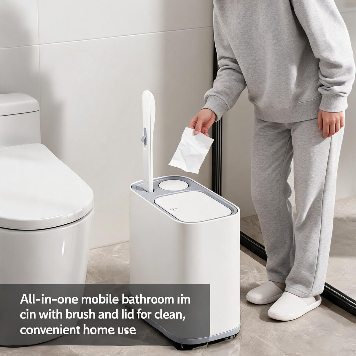 Slim 2-in-1 Bathroom Trash Can – Integrated Toilet Brush, 5L Space-Saving Bin