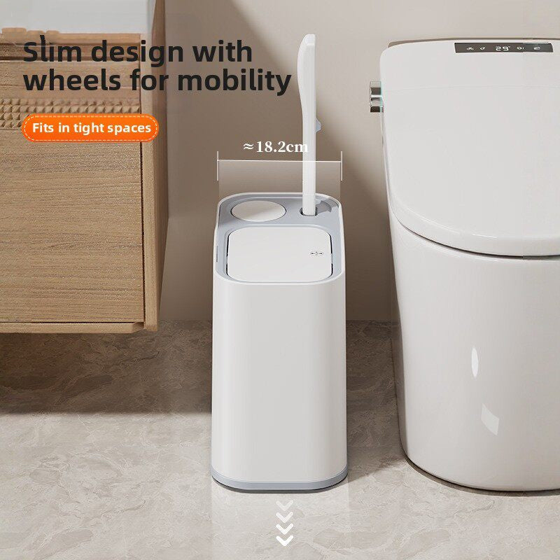 Slim 2-in-1 Bathroom Trash Can – Integrated Toilet Brush, 5L Space-Saving Bin