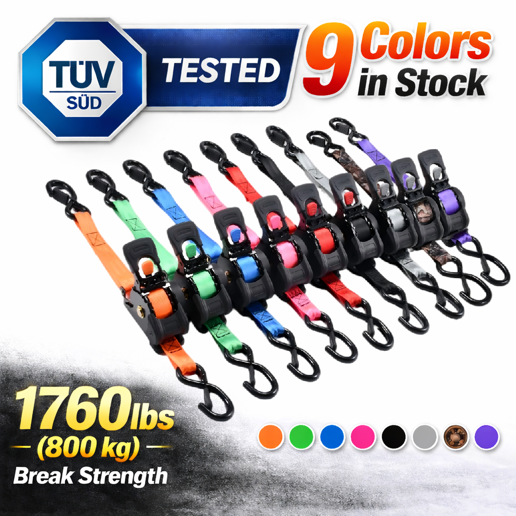 Self-retracting ratchet tie down straps in multiple colours