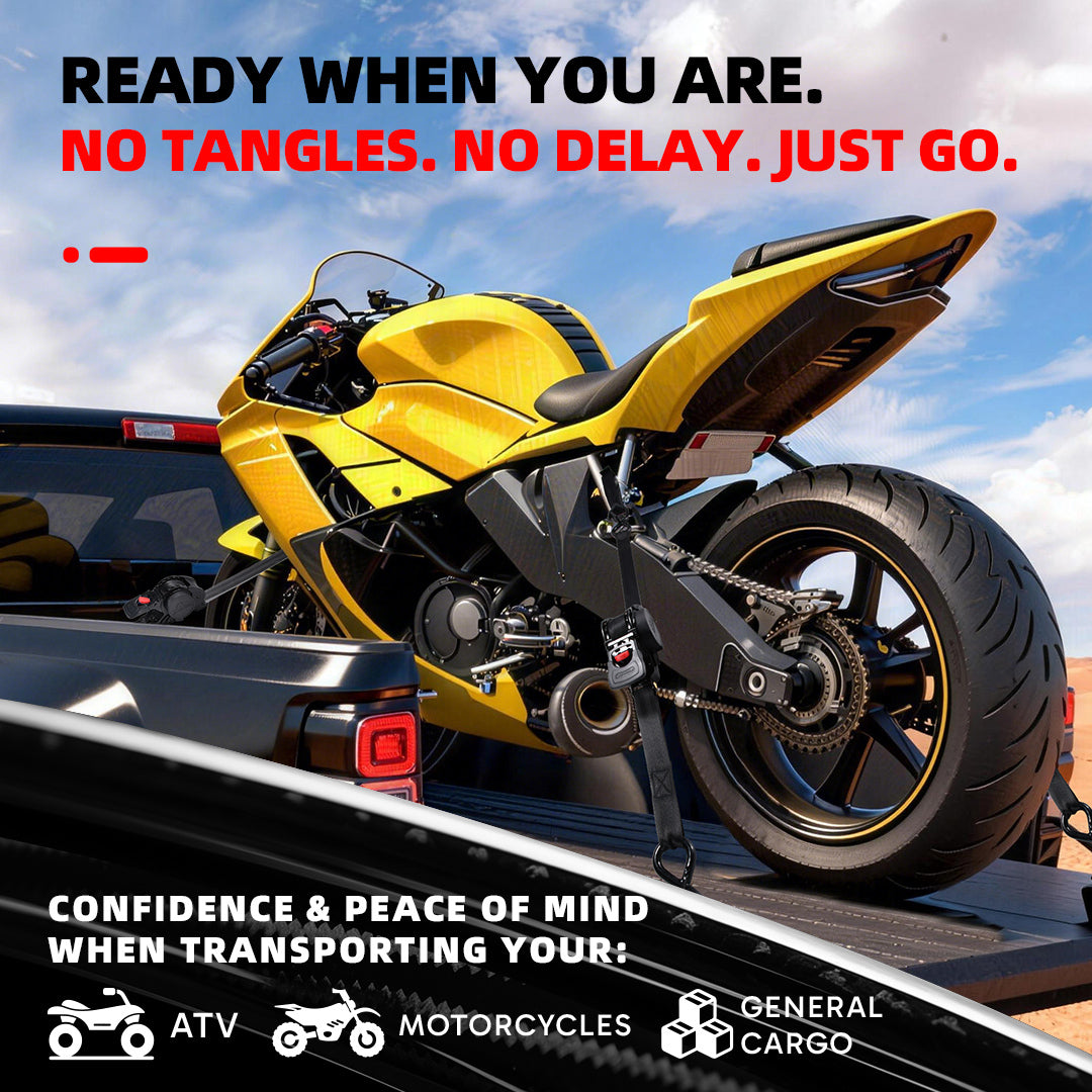 Self-retracting ratchet strap securing a motorcycle