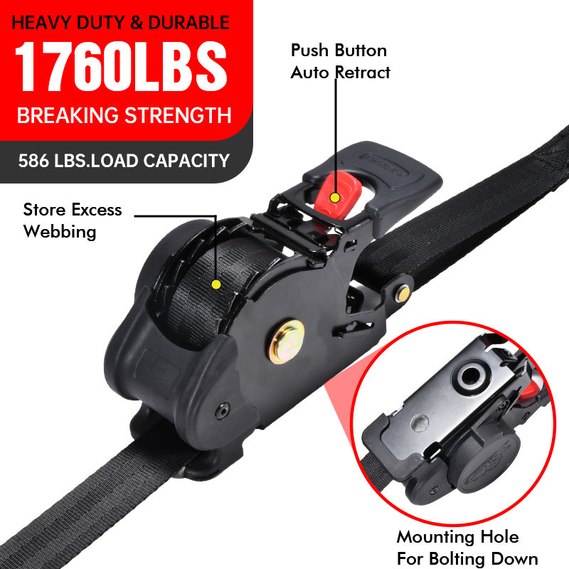 Auto retract ratchet buckle detail, 1760 lbs break strength