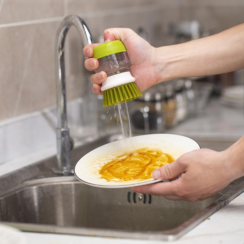 Press-Down Dish Brush with Soap Dispenser – Kitchen Sink Scrub Brush