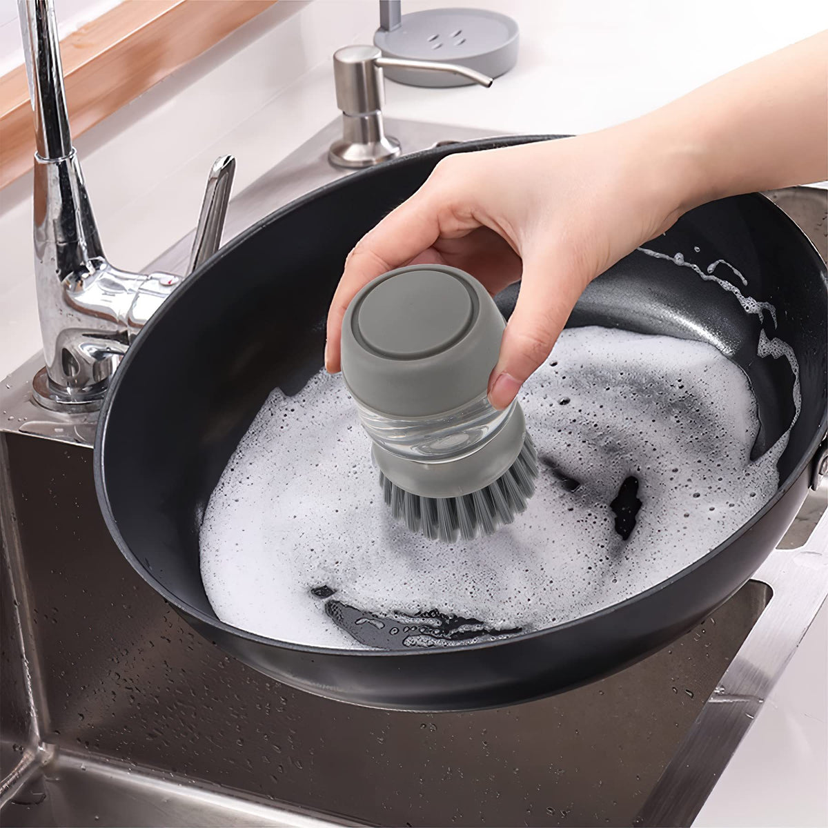 Press-Down Dish Brush with Soap Dispenser – Kitchen Sink Scrub Brush