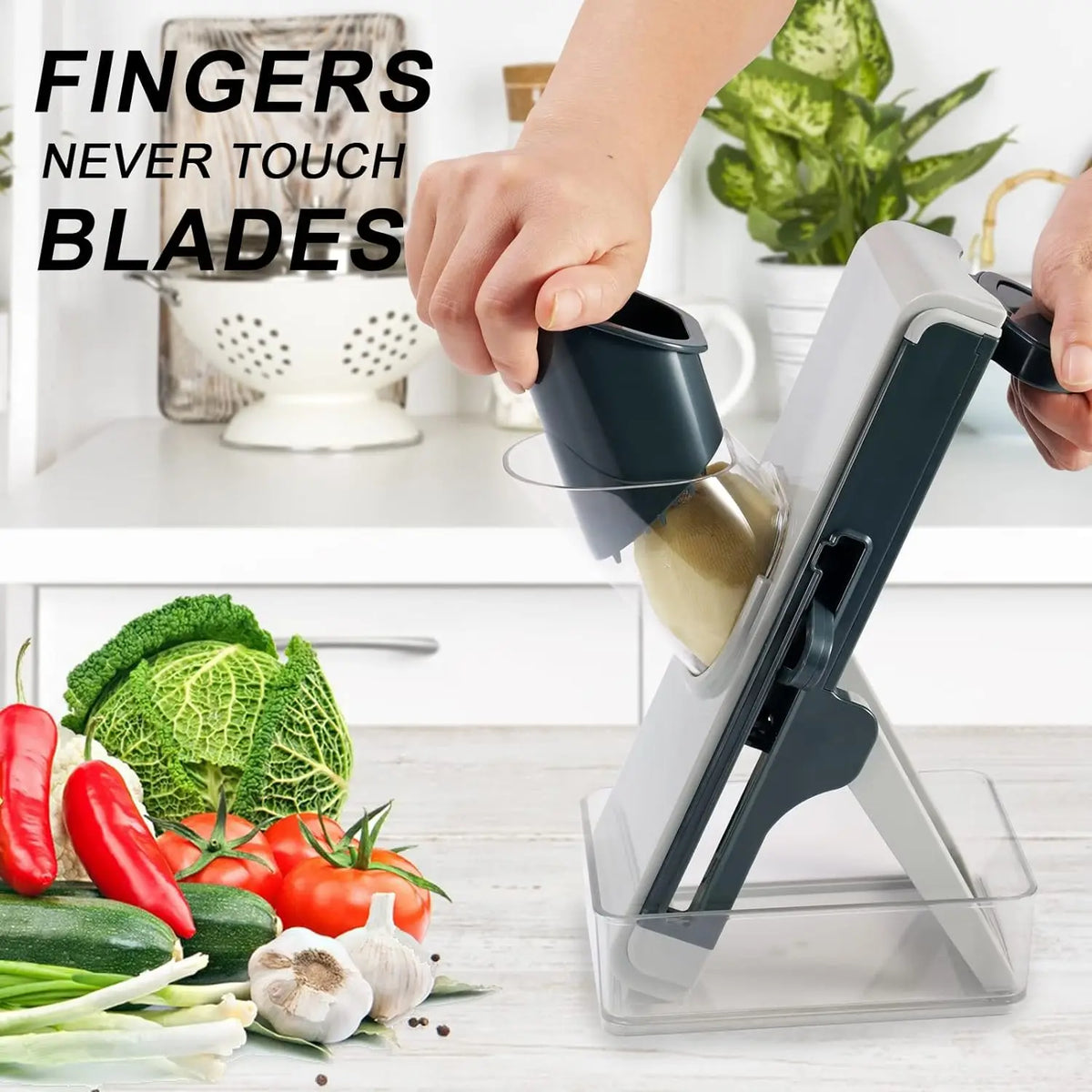 Safe Mandoline Slicer – Adjustable Stainless Steel Vegetable Cutter with Container & 3 Blade Plates