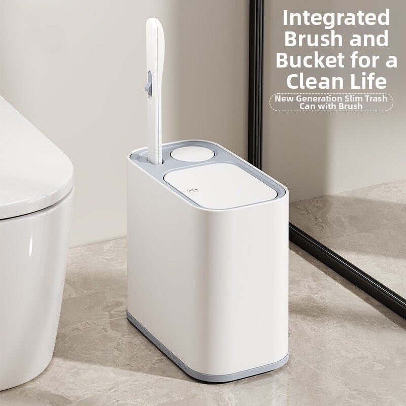 Slim 2-in-1 Bathroom Trash Can – Integrated Toilet Brush, 5L Space-Saving Bin